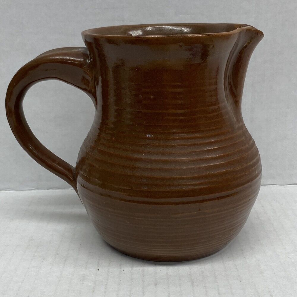 Studio Art Pottery Brown Pitcher Farmhouse Signed 5” Country Rustic Decor